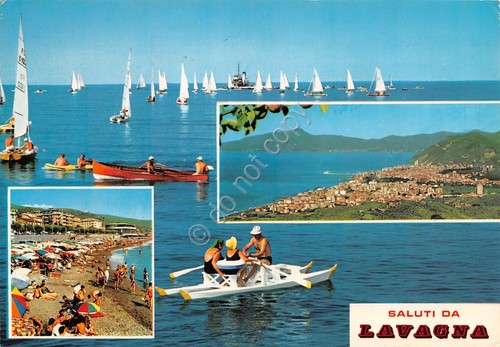 Cartolina Lavagna vedute pattino moscone animata Timbro Targhetta PT 1971