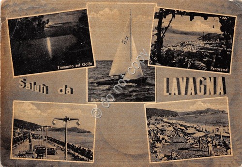 Cartolina Lavagna Vedutine barca a vela 1959 (Genova)