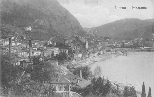 Cartolina Laveno panorama dall'alto e lago
