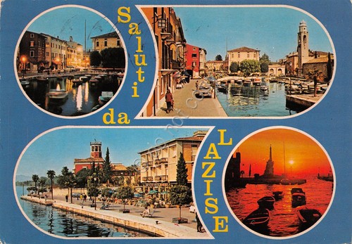 Cartolina Lazise vedute varie città 1980 grafica (Verona)