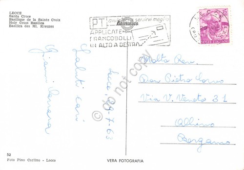 Cartolina Lecce Santa Croce timbro a targhetta PT 1963