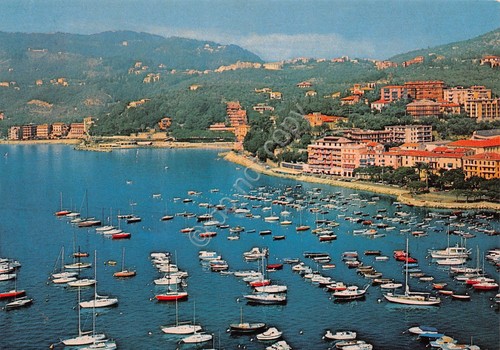 Cartolina Lerici panorama parziale porticciolo barche dal mare dall'alto