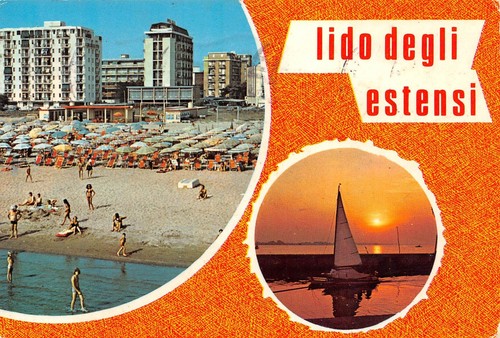 Cartolina Lido degli Estensi Barca a vela spiaggia Vedutine (Ferrara)