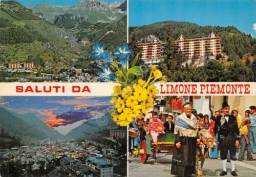 Cartolina Limone Piemonte vedute 1987 abiti tradizionali (Cuneo)
