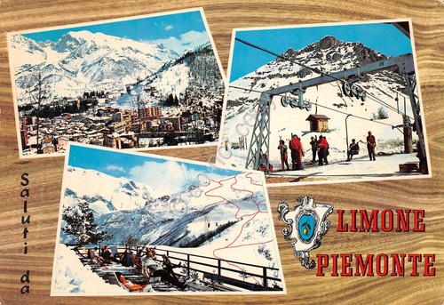 Cartolina Limone Piemonte vedute skilift piste paese animata sci sciatori …