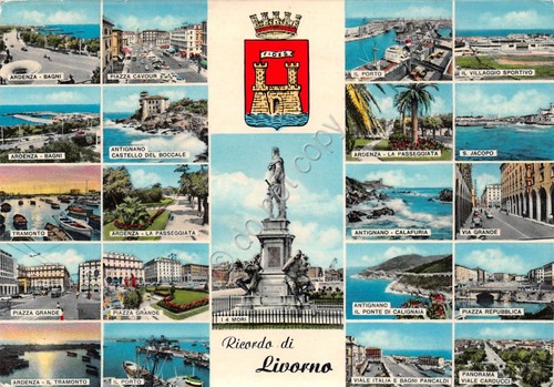 Cartolina Livorno vedute multiple e stemma città