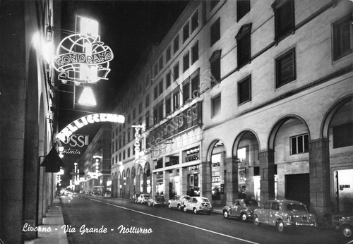 Cartolina Livorno Via Grande Gondrand Pellicceria Talmone auto notturno 1960