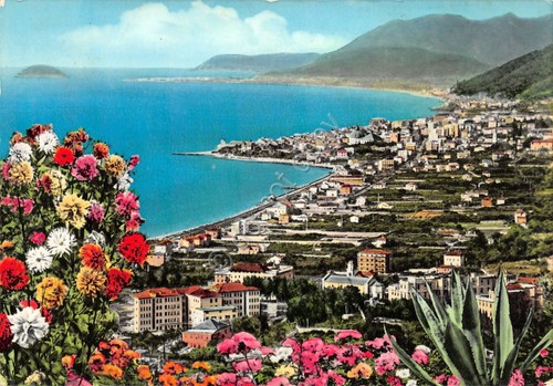 Cartolina Loano panorama colorata timbro targhetta PT anni '60