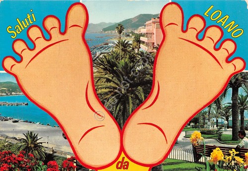 Cartolina Loano vedute con grafica con piedi (Savona)