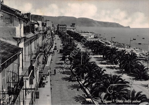 Cartolina Loano Viale delle Palme dall'alto ristorante abitazioni 1959
