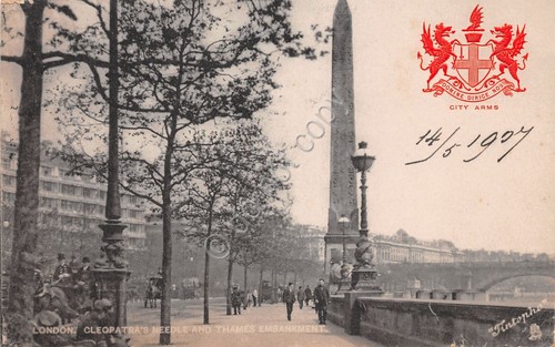 Cartolina London Cleopatra's needle Thames Embarkment stemma City Arms 1907