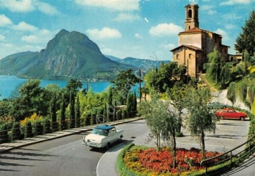Cartolina Lugano Chiesa di Castagnola e San Salvatore auto d'epoca