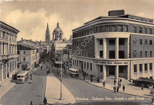 Cartolina Mantova Palazzo Previdenza e Poste bus animata 1954