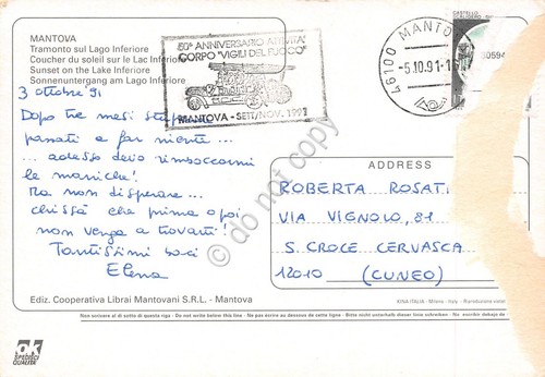 Cartolina Mantova Tramonto timbro a targhetta Corpo Vigili del Fuoco …
