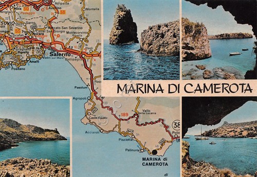 Cartolina Marina di Camerota vedute varie mappa stradale 1974