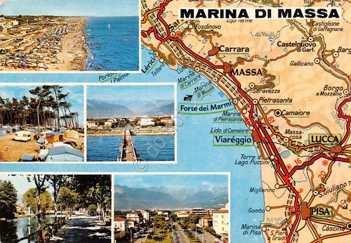 Cartolina Marina di Massa 5 vedute con mappa