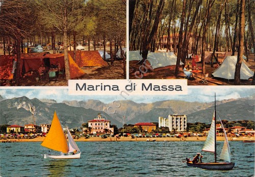 Cartolina Marina di Massa vedute e campeggio 1962