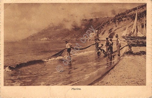 Cartolina Marina Pescatori reti 1928 TIMBRO ALCOLISMO danneggiata
