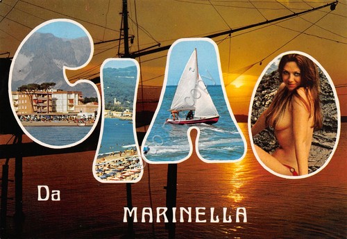 Cartolina Marinella di Sarzana grafica CIAO vista spiaggia vela pin …
