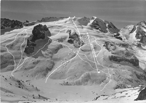 Cartolina Marmolada con diverse vie di Discesa 1958