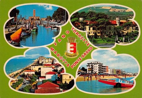 Cartolina Marotta Fano Torrette Ponte sasso vedute varie grafica