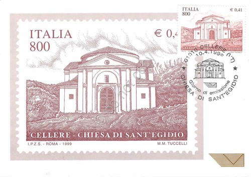 Cartolina Maximum Filatelica Cellere Chiesa S. Egidio lire 800 1999