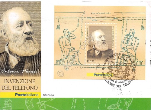 Cartolina Maximum Meucci Invenzione del telefono foglietto 2003