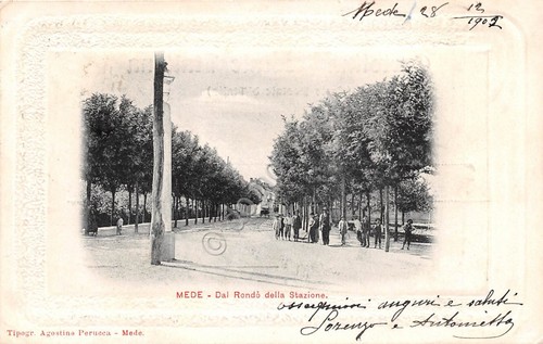 Cartolina Mede Pavia dal rondò della Stazione animata 1902