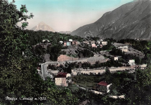 Cartolina Medis Carnia panorama timbro Ristorante Cartiula al retro