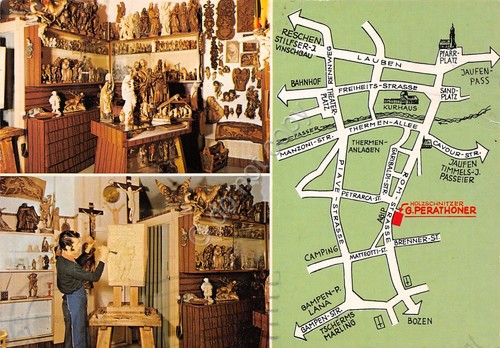 Cartolina Merano Bildhauer Gottfied Perathoner vedute e mappa 1990