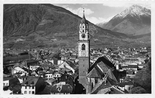 Cartolina Merano paese e chiesa 1954