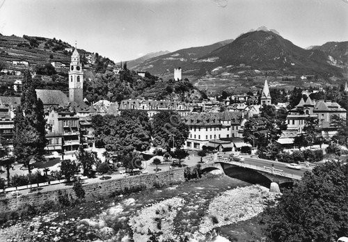 Cartolina Merano panorama paese con Cima Ivigna 1965