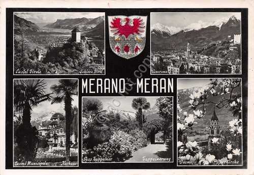 Cartolina Merano vedute con stemma 1958 timbro Merano (Bolzano)