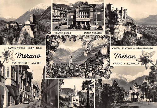 Cartolina Merano vedute varie teatro Via Portici casinò 1957
