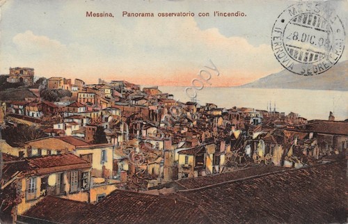Cartolina Messina Illustrata Panorama osservatorio con incendio