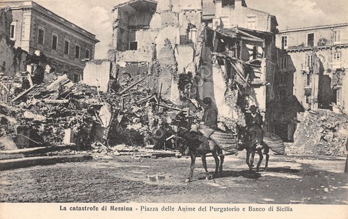 Cartolina Messina La catastrofe Banco Sicilia Piazza Anime Micali Santi …
