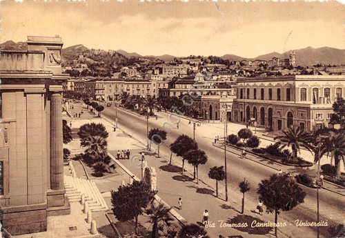 Cartolina Messina via Tommaso Cannizzaro Università animata 1955