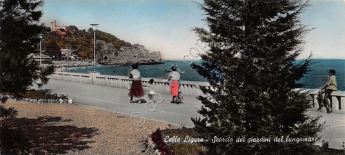 Cartolina mignon Celle Ligure scorcio dei giardini lungomare animata 1959