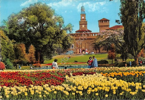 Cartolina Milano castello Sforzesco tulipani animata colorata 1963