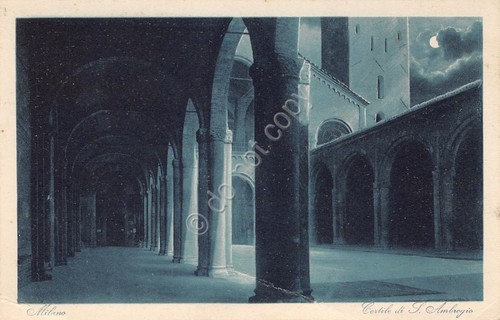 Cartolina Milano Chiesa S. Ambrogio Cortile 1930 TIMBRO PACCHI POSTALI