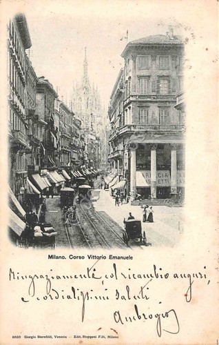Cartolina Milano Corso Vittorio Emanuele animata tram carrozza 1901