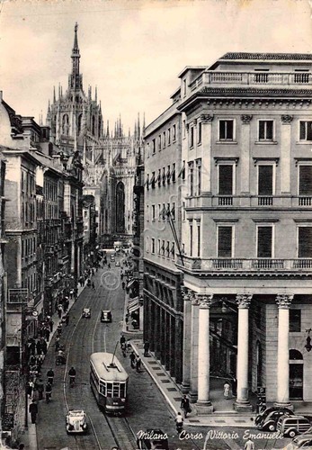 Cartolina Milano Corso Vittorio Emanuele tram auto anni '50