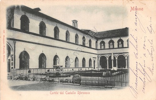 Cartolina Milano cortile del Castello Sforzesco 1903