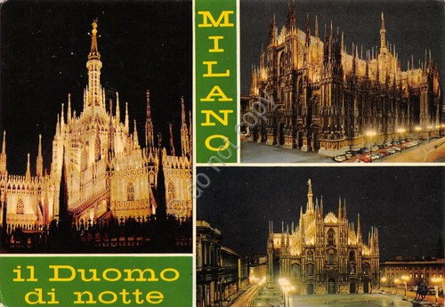 Cartolina Milano Duomo notturno auto vedute