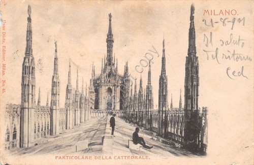 Cartolina Milano Duomo particolare del tetto animata 1901