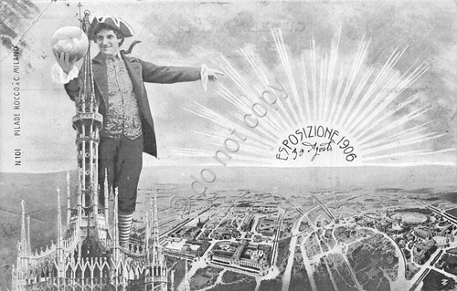 Cartolina Milano Esposizione 1906 n.101 Meneghino con universo sole su …