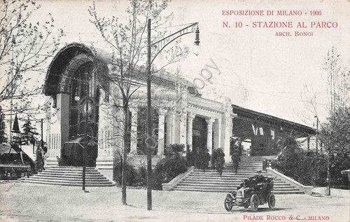 Cartolina Milano Esposizione 1906 Stazione al parco n.10 auto d'epoca