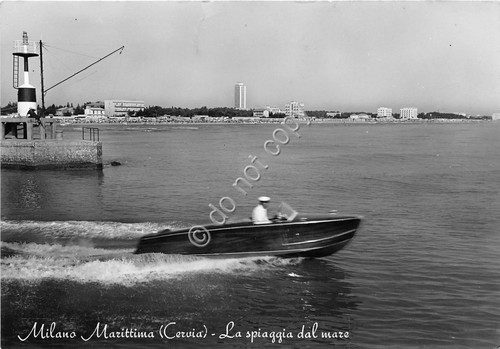 Cartolina Milano Marittima - Spiaggia - motoscafo - 1959 (Ravenna)