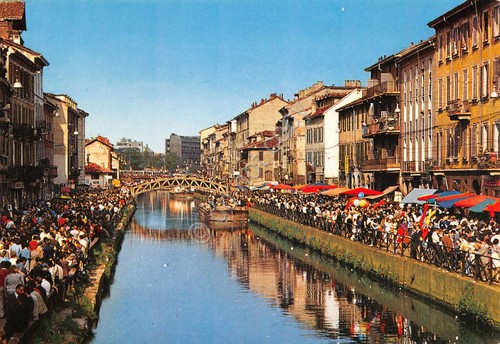 Cartolina Milano Naviglio Grande Festa dei Navigli animata case anni …