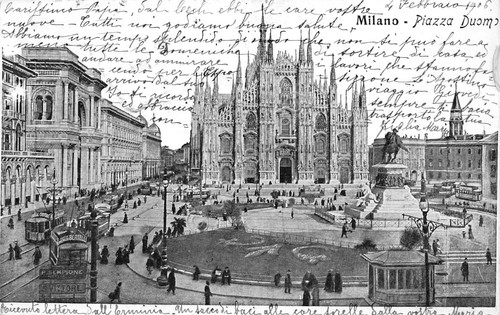 Cartolina Milano Piazza del Duomo 1906 tram animata pubblicità